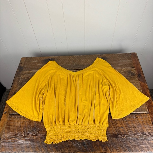 American Rag Mustard Yellow Smocked Boho Top L 3/4 Sleeve V-Neck Blouse - Picture 8 of 8